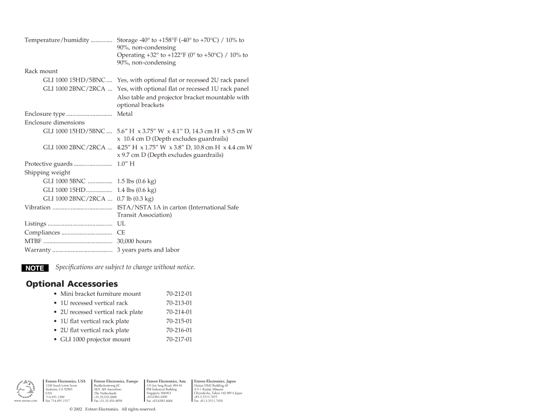 Extron electronic GLI 1000 2RCA, GLI 1000 2BNC Optional Accessories, Extron Electronics, USA Extron Electronics, Europe 