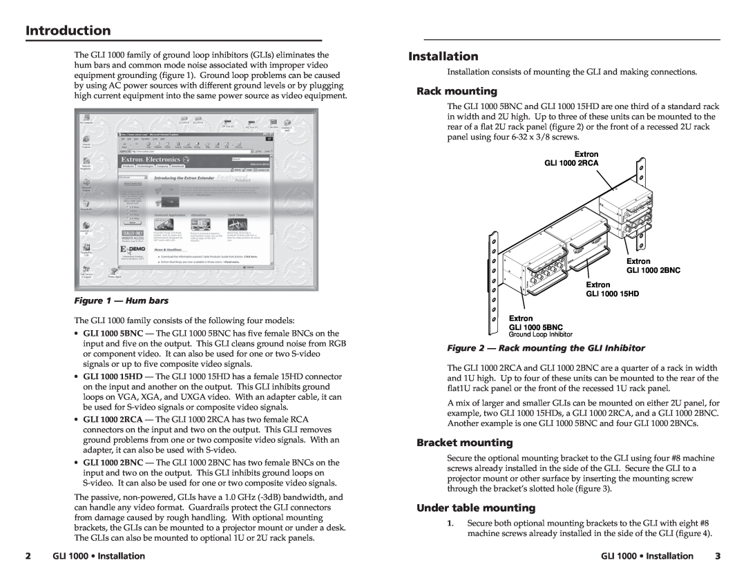 Extron electronic GLI 1000 5BNC manual Introductionstallation, Installation, Rack mounting, Bracket mounting, Hum bars 