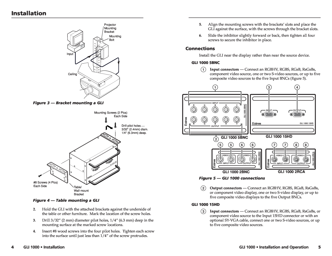 Extron electronic GLI 1000 15HD manual Connections, GLI 1000 Installation and Operation, Bracket mounting a GLI 