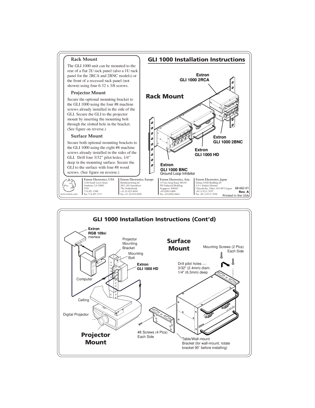 Extron electronic GLI 1000 2BNC, GLI 1000 HD, GLI 1000 2RCA installation instructions Rack Mount, Surface, Projector Mount 