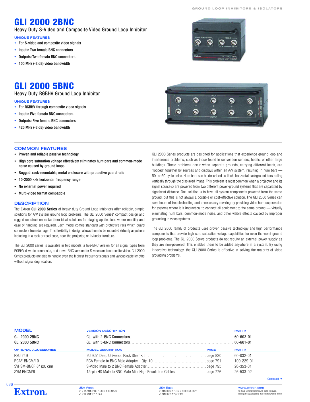 Extron electronic GLI 2000 2BNC, GLI 2000 5BNC specifications Common Features, Model, Unique Features 