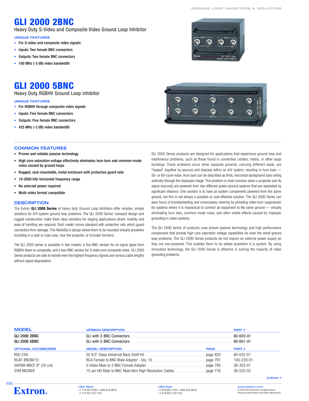 Extron electronic GLI 2000 2BNC specifications Common Features, Description, Model, GLI 2000 5BNC 