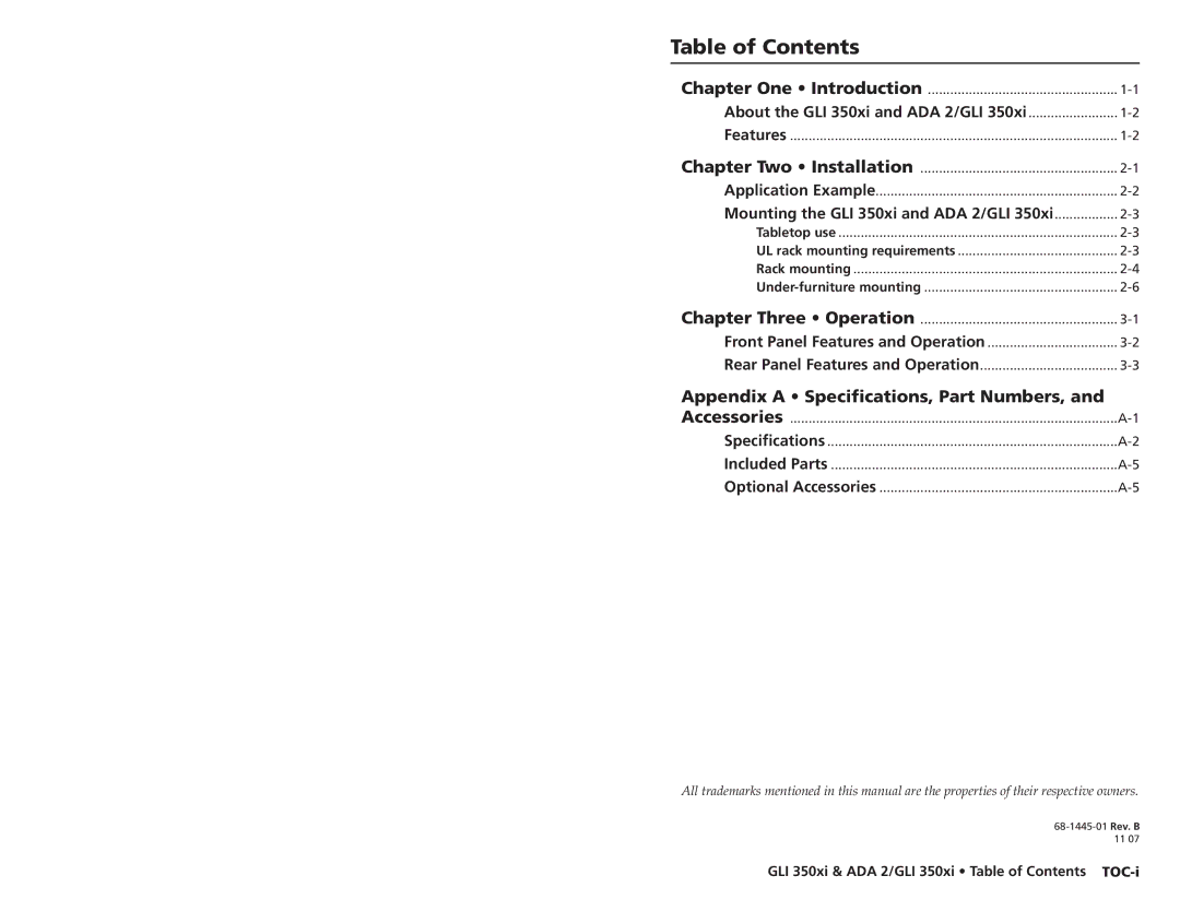 Extron electronic ADA 2/GLI 350xi user manual Table of Contents 