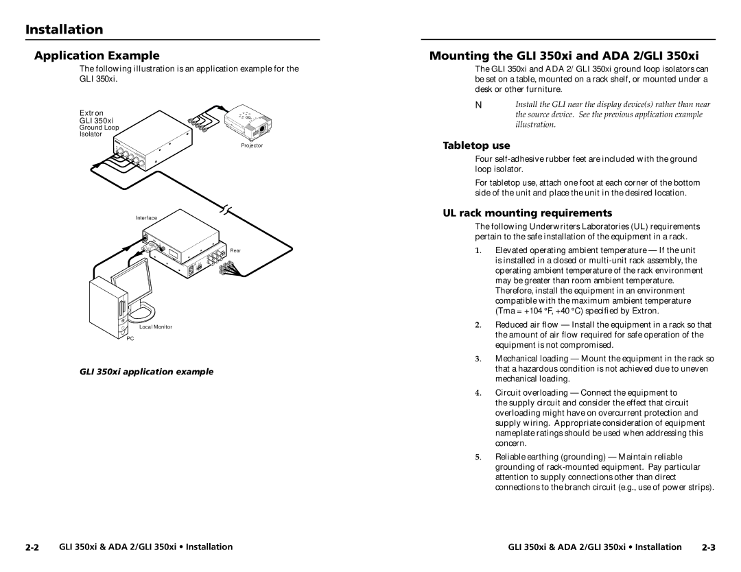 Extron electronic ADA 2/GLI 350xi Installation, Application Example, Mounting the GLI 350xi and ADA 2/GLI, Tabletop use 