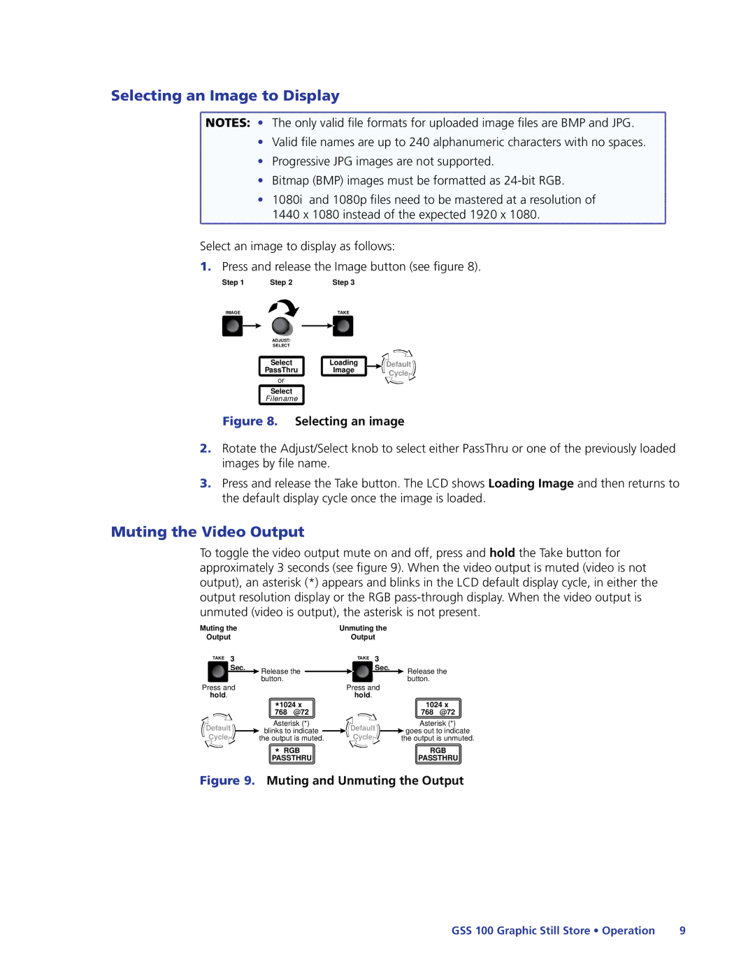 Extron electronic GSS 100 manual Selecting an Image to Display, Muting the Video Output 