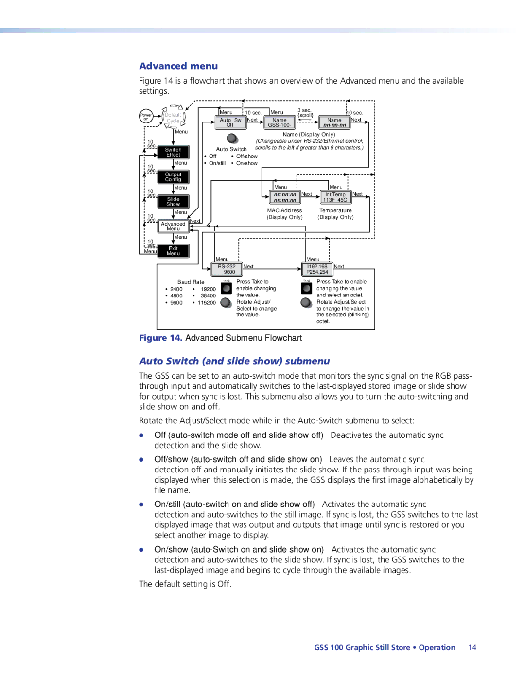 Extron electronic GSS 100 manual Advanced menu, Auto Switch and slide show submenu 