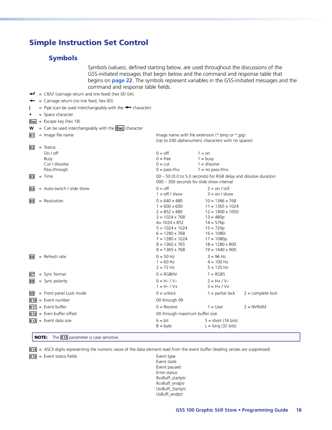 Extron electronic GSS 100 manual Simple Instruction Set Control, Symbols 