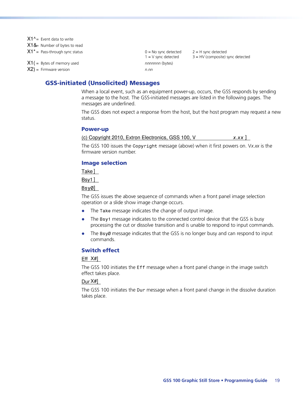 Extron electronic GSS 100 manual GSS-initiated Unsolicited Messages, Power-up, Image selection, Switch effect 