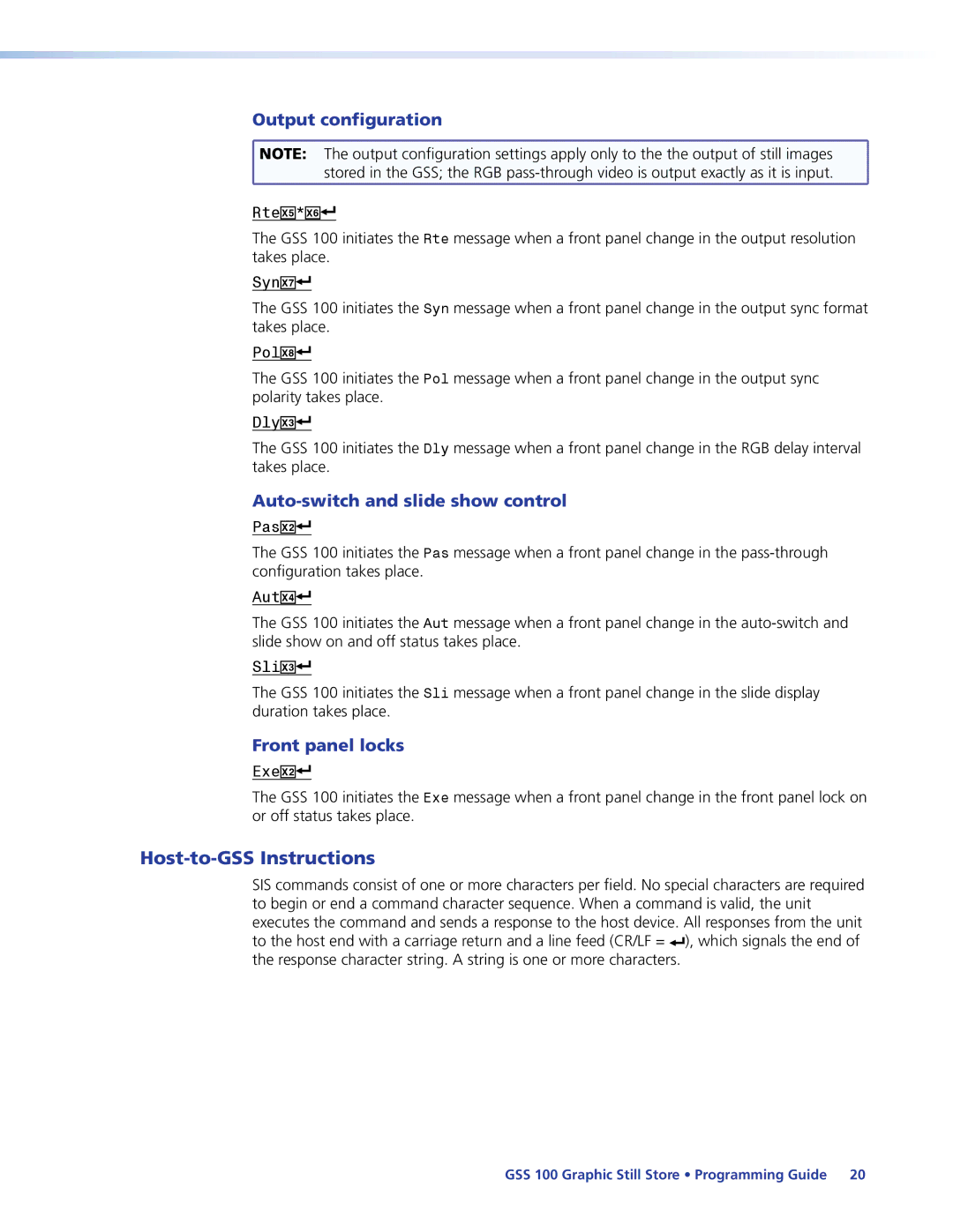 Extron electronic GSS 100 manual Host-to-GSS Instructions, Output configuration, Auto-switch and slide show control 