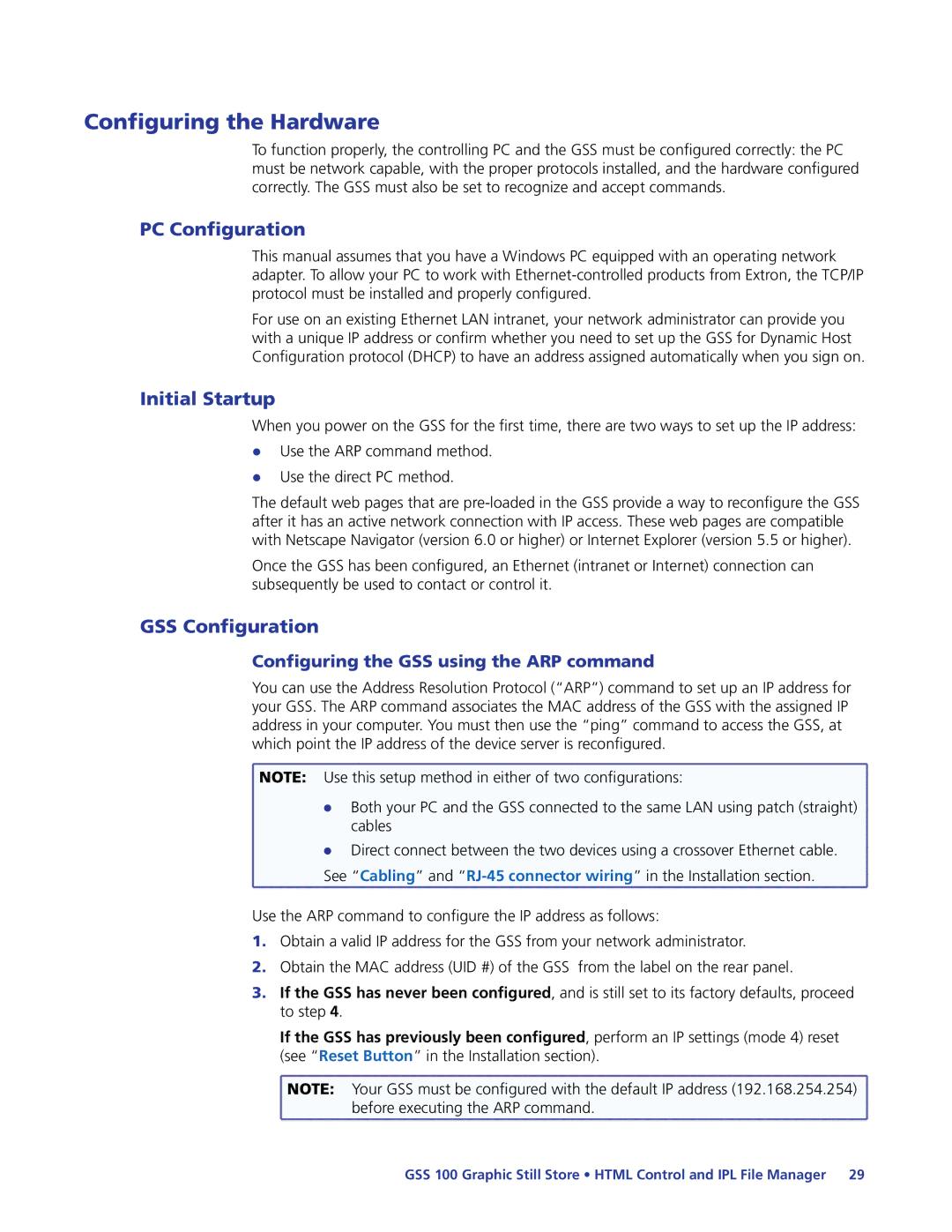 Extron electronic GSS 100 manual Configuring the Hardware, PC Configuration, Initial Startup, GSS Configuration 