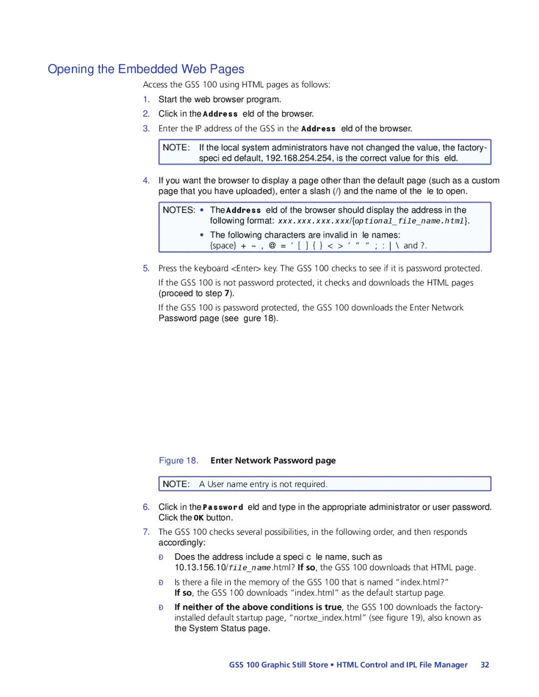 Extron electronic GSS 100 manual Opening the Embedded Web Pages, Enter Network Password 