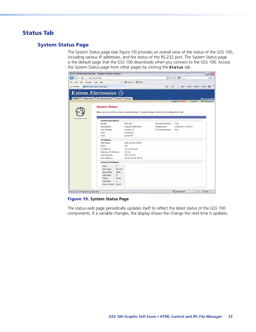 Extron electronic GSS 100 manual Status Tab, System Status 