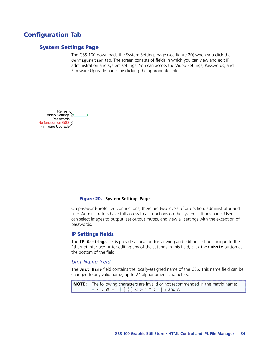 Extron electronic GSS 100 manual Configuration Tab, System Settings, IP Settings fields, Unit Name field 