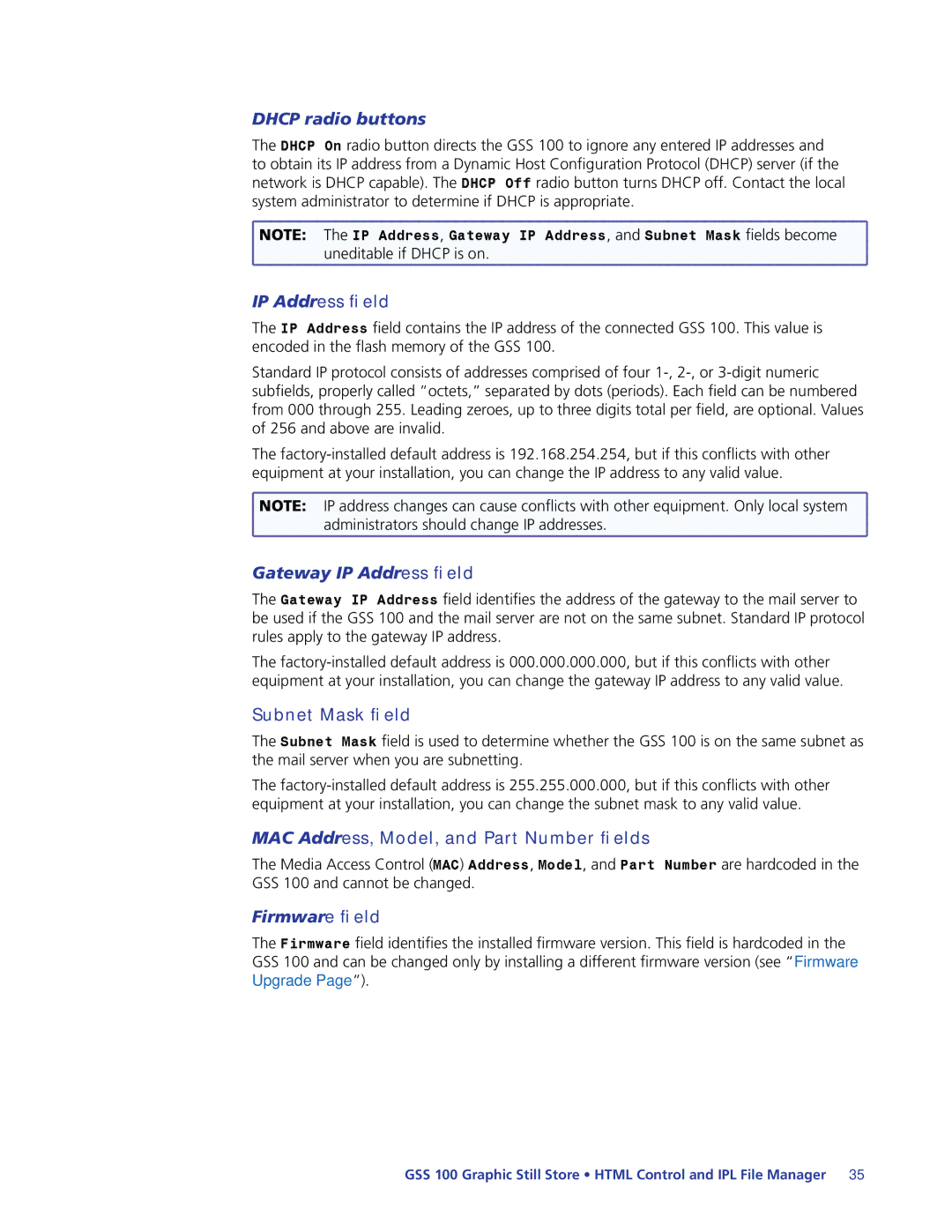 Extron electronic GSS 100 manual Dhcp radio buttons, Gateway IP Address field, Subnet Mask field, Firmware field 