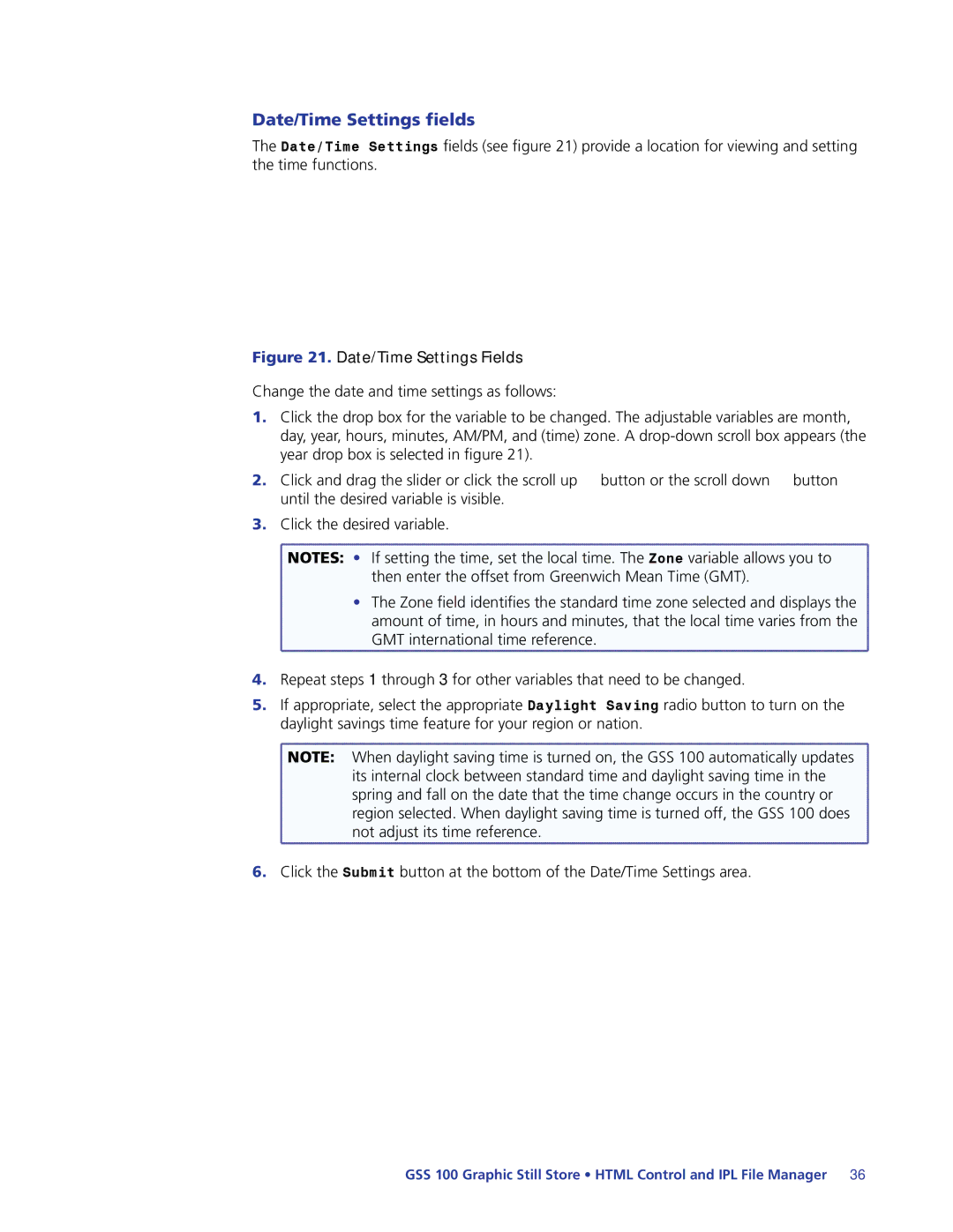 Extron electronic GSS 100 manual Date/Time Settings fields, Date/Time Settings Fields 