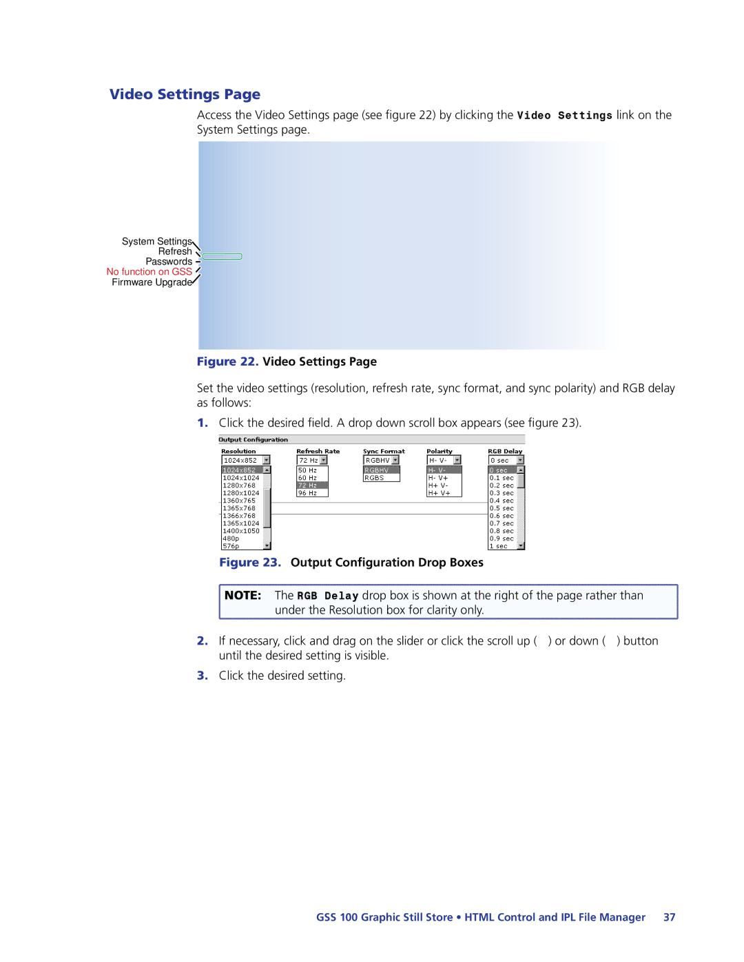 Extron electronic GSS 100 manual Video Settings 