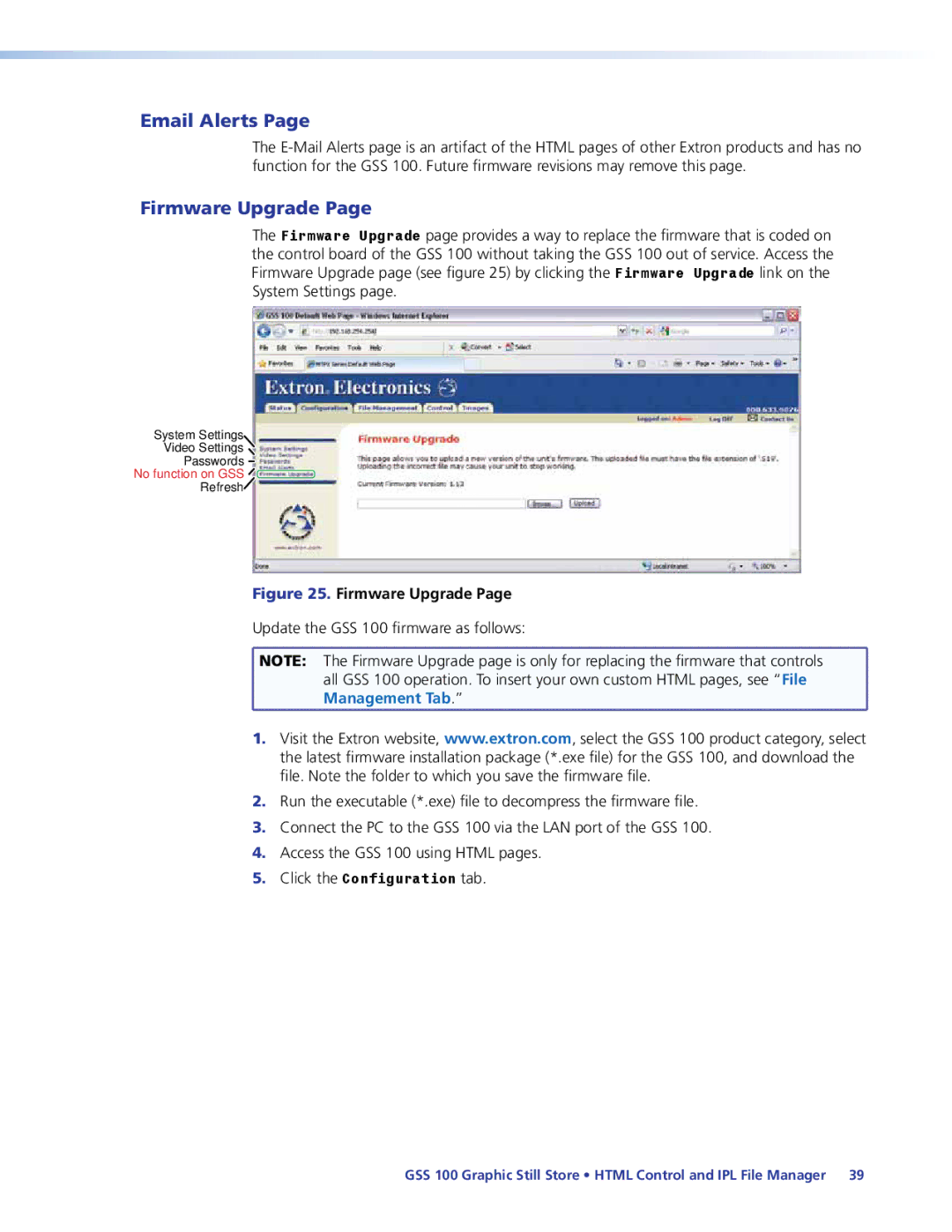 Extron electronic GSS 100 manual Email Alerts, Firmware Upgrade 