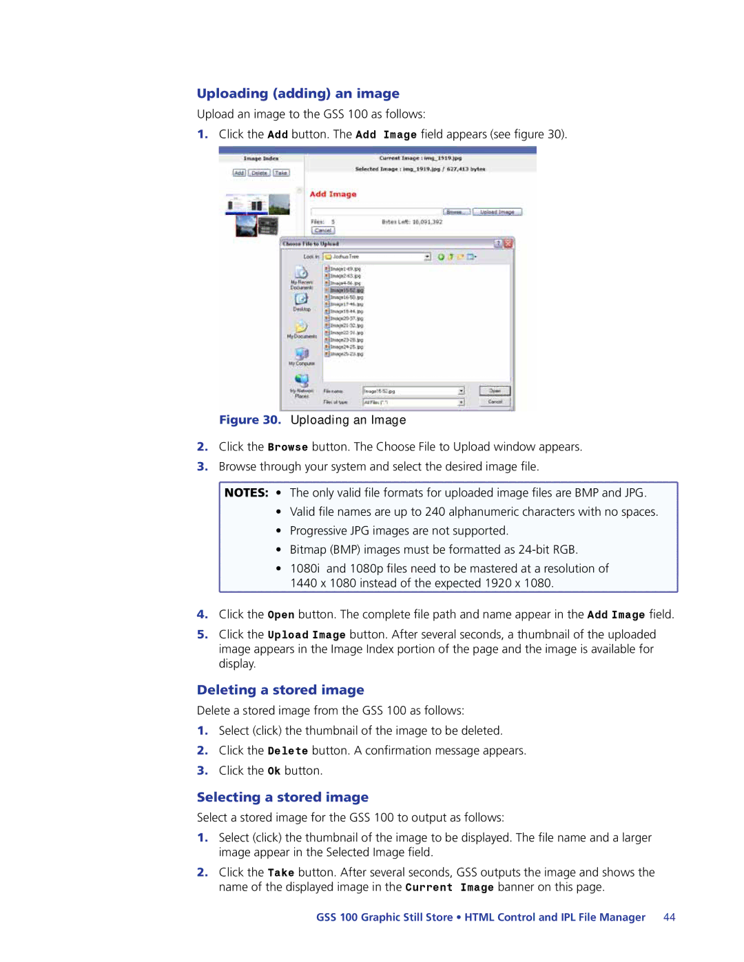 Extron electronic GSS 100 manual Uploading adding an image, Deleting a stored image, Selecting a stored image 