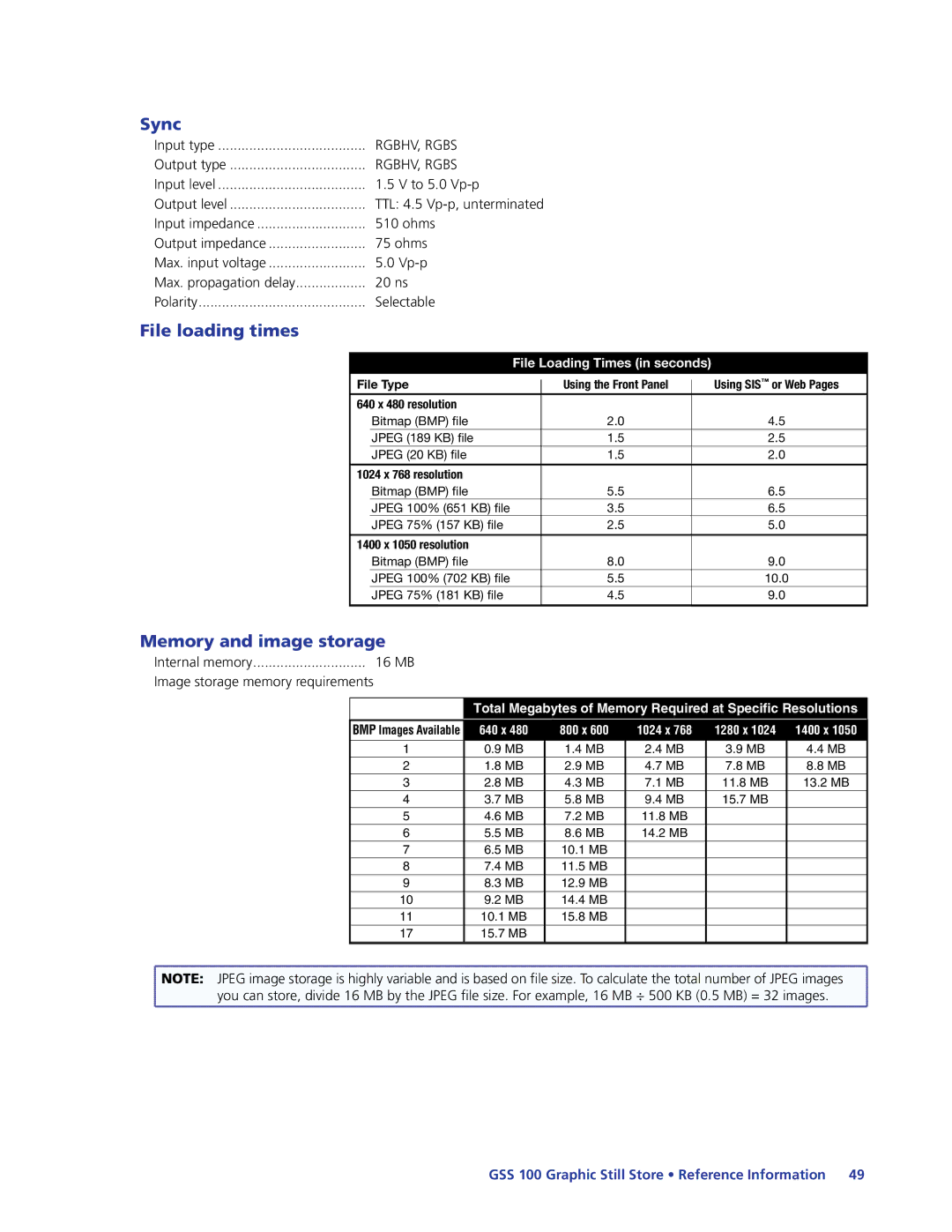 Extron electronic GSS 100 manual Sync, File loading times, Memory and image storage 