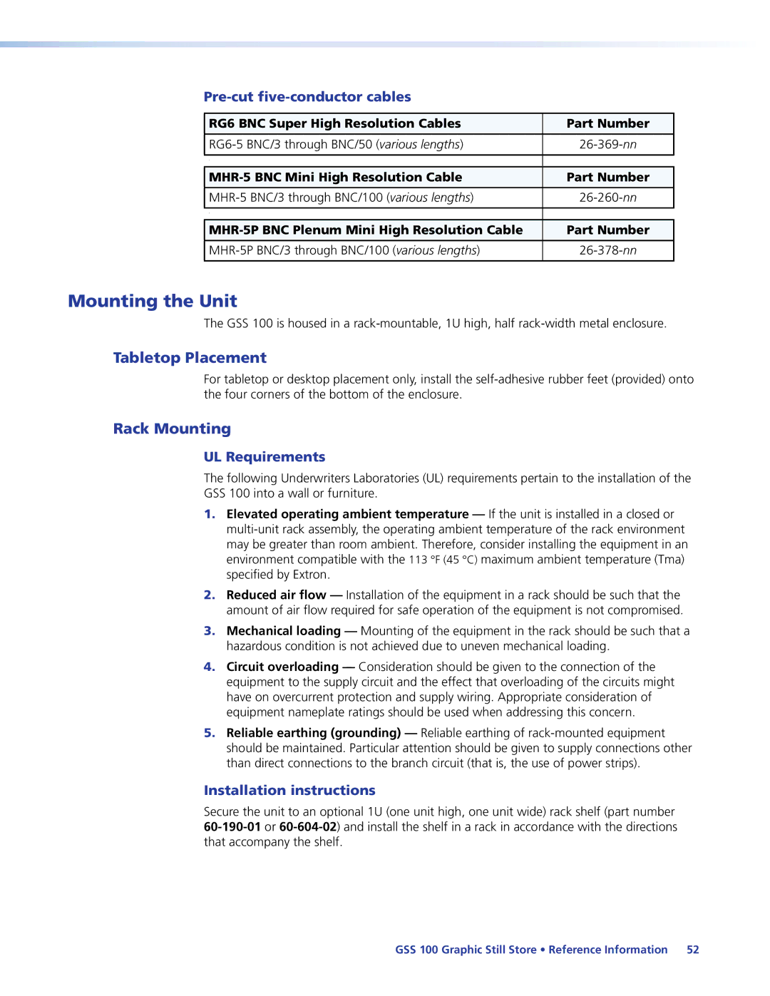 Extron electronic GSS 100 manual Mounting the Unit, Tabletop Placement, Rack Mounting 