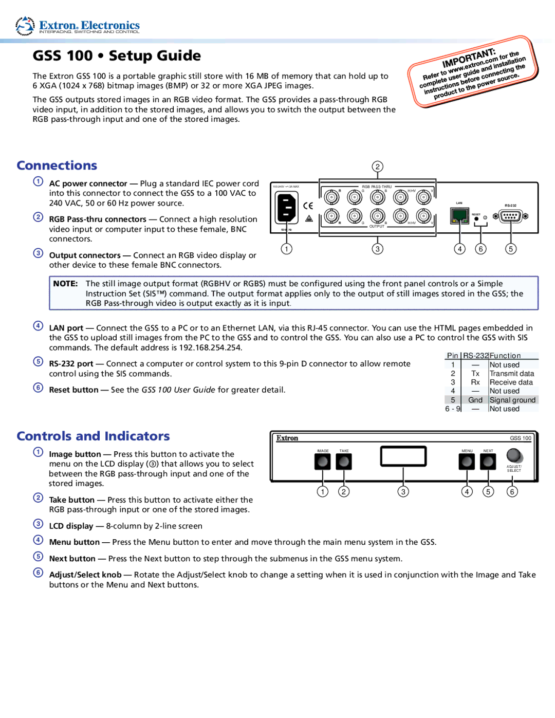 Extron electronic GSS 100 setup guide Connections, Controls and Indicators 