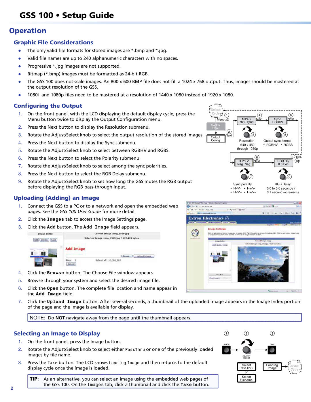 Extron electronic GSS 100 Operation, Graphic File Considerations, Configuring the Output, Uploading Adding an Image 