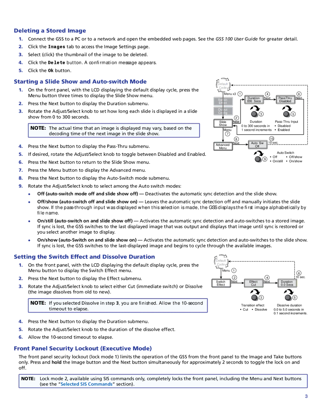 Extron electronic GSS 100 setup guide Deleting a Stored Image, Starting a Slide Show and Auto-switch Mode 