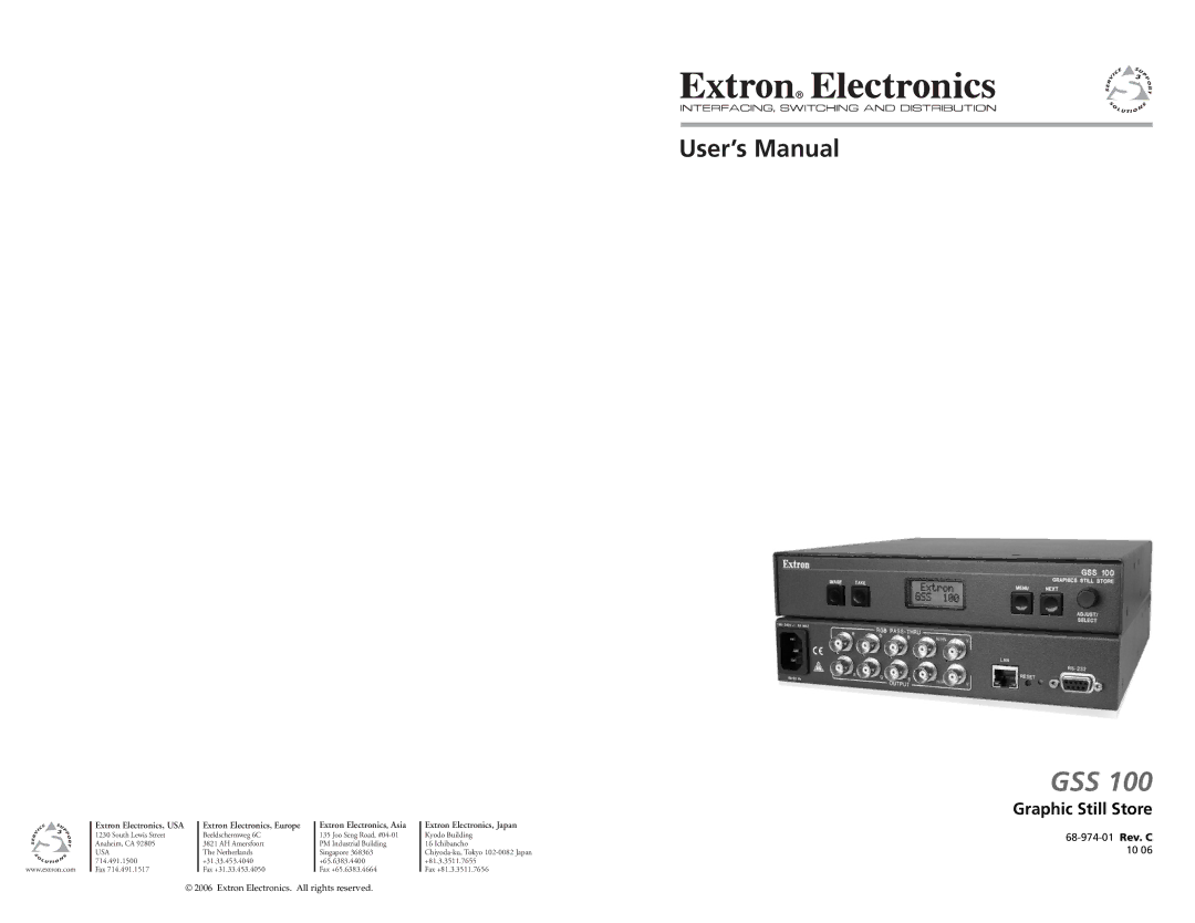 Extron electronic GSS 100 user manual Gss, Graphic Still Store 