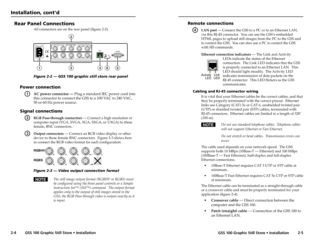 Extron electronic GSS 100 user manual Installation, cont’d Rear Panel Connections, Power connection, Signal connections 