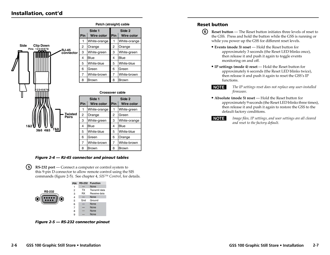 Extron electronic GSS 100 user manual Installation, cont’d, Reset button 