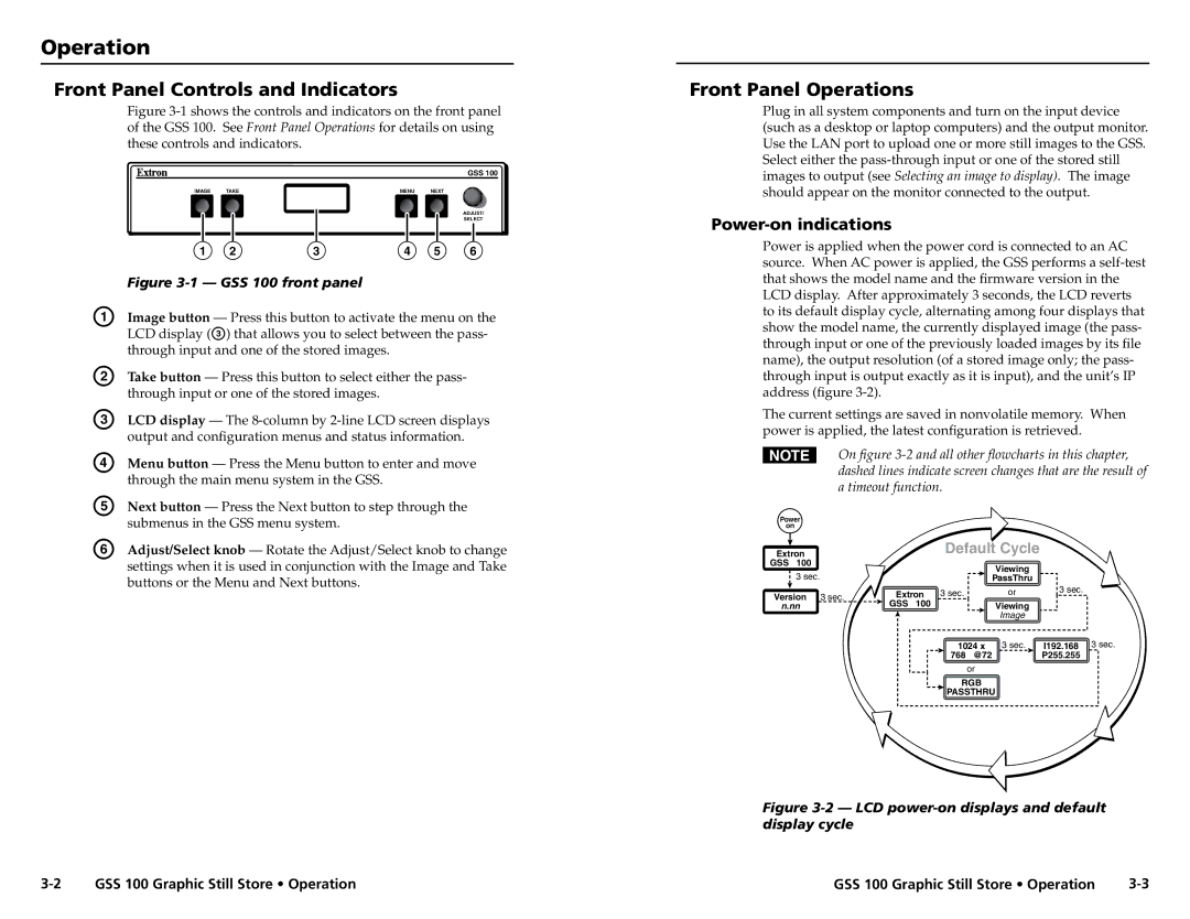 Extron electronic GSS 100 user manual Front Panel Controls and Indicators, Front Panel Operations, Power-on indications 