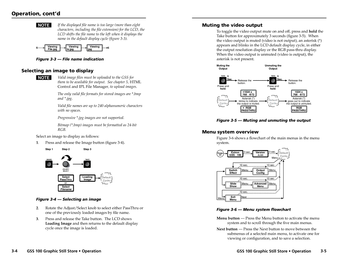 Extron electronic GSS 100 Operation, cont’d, Selecting an image to display, Muting the video output, Menu system overview 