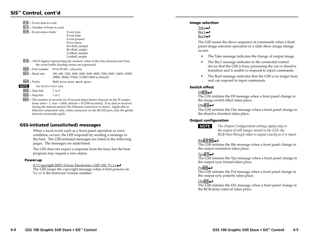 Extron electronic GSS 100 user manual SIS Control, cont’d, GSS-initiated unsolicited messages 