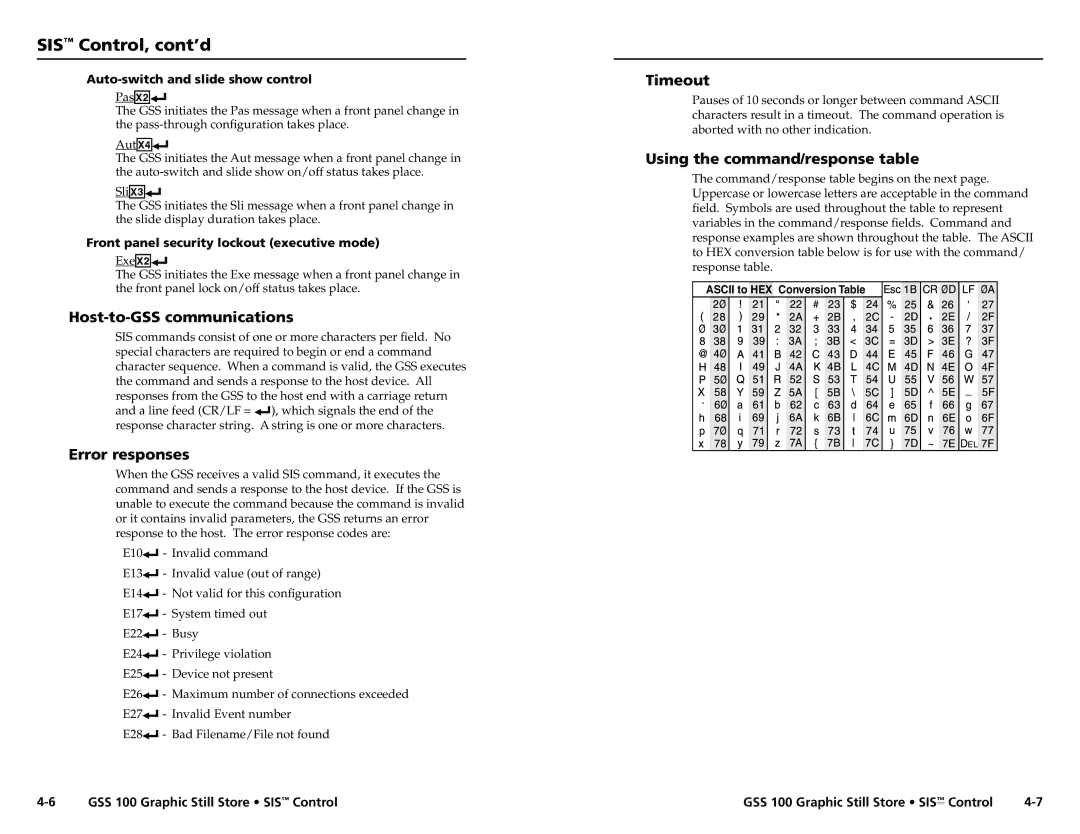 Extron electronic GSS 100 Host-to-GSS communications, Error responses, Timeout, Using the command/response table 