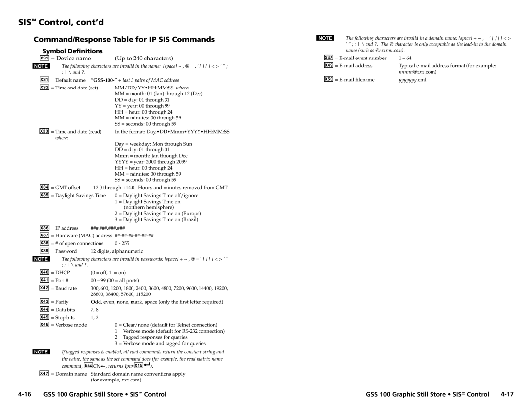 Extron electronic GSS 100 user manual Command/Response Table for IP SIS Commands, X3! = Device name Up to 240 characters 