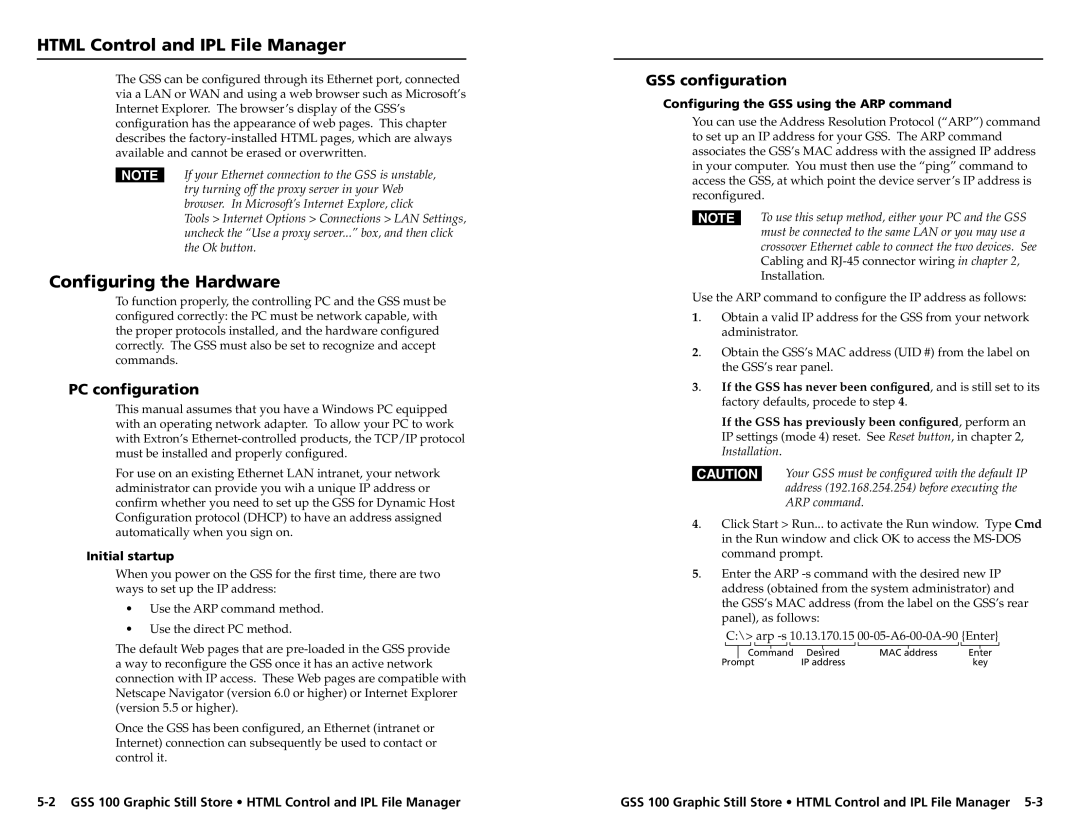 Extron electronic GSS 100 Html Control and IPL File Manager, Configuring the Hardware, PC configuration, GSS configuration 