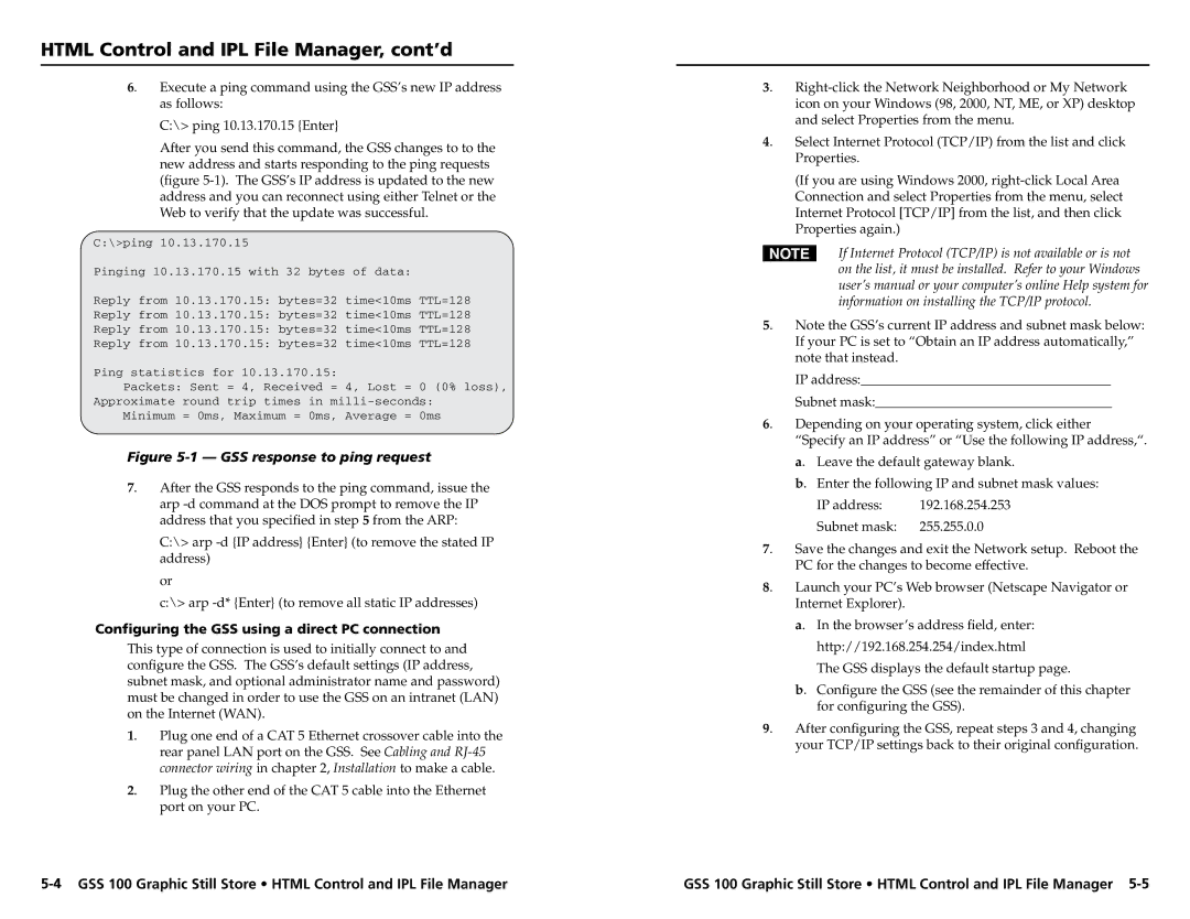 Extron electronic GSS 100 Html Control and IPL File Manager, cont’d, Configuring the GSS using a direct PC connection 