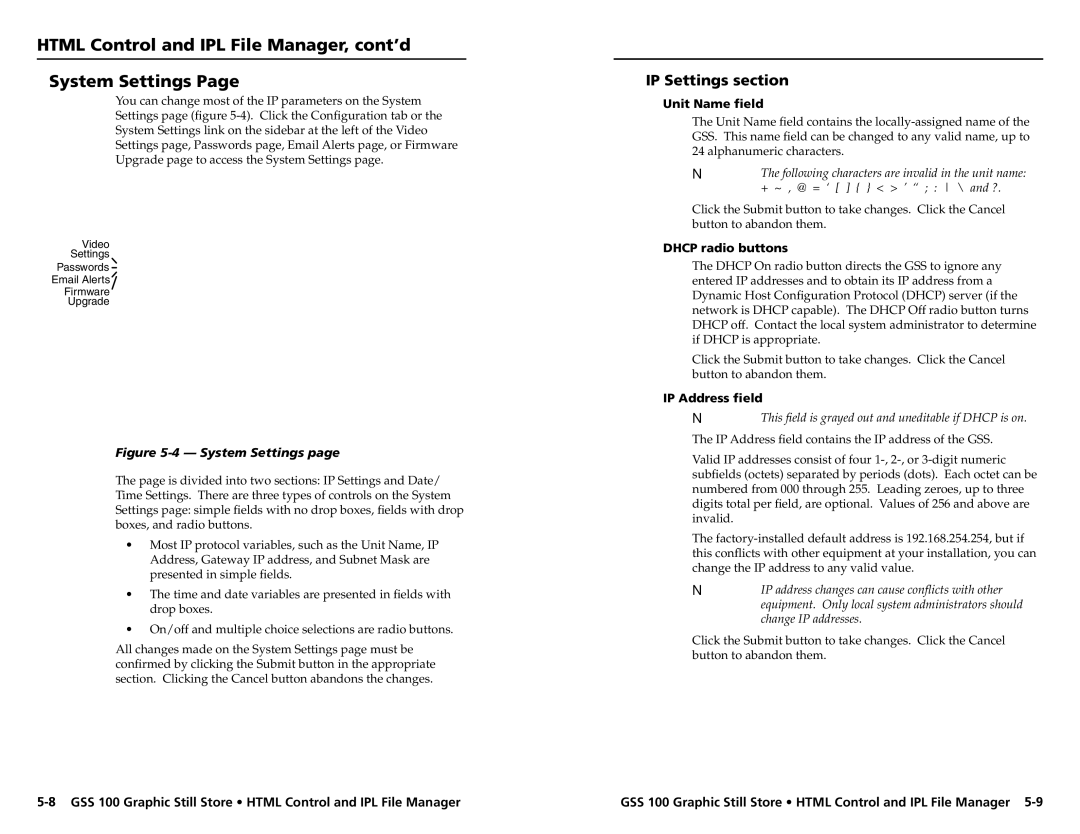 Extron electronic GSS 100 Html Control and IPL File Manager, cont’d System Settings, IP Settings section, Unit Name field 