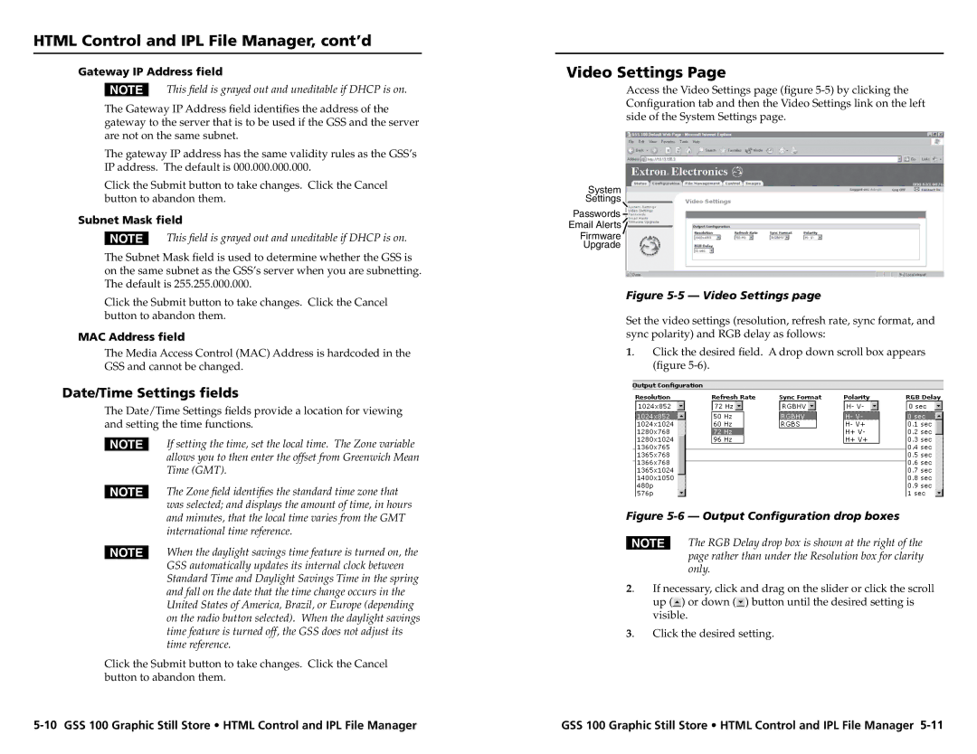 Extron electronic GSS 100 Video Settings, Date/Time Settings fields, Gateway IP Address field, Subnet Mask field 