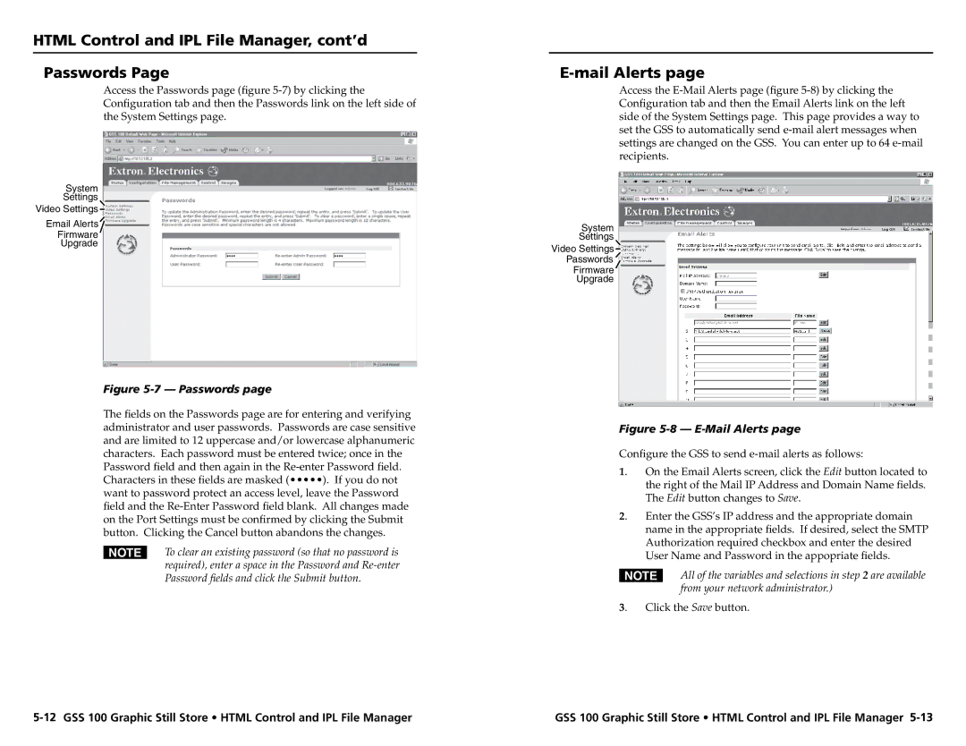 Extron electronic GSS 100 user manual Html Control and IPL File Manager, cont’d Passwords, Mail Alerts 