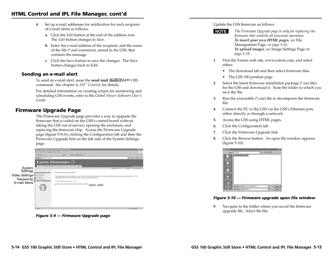 Extron electronic GSS 100 user manual Firmware Upgrade, Sending an e-mail alert 