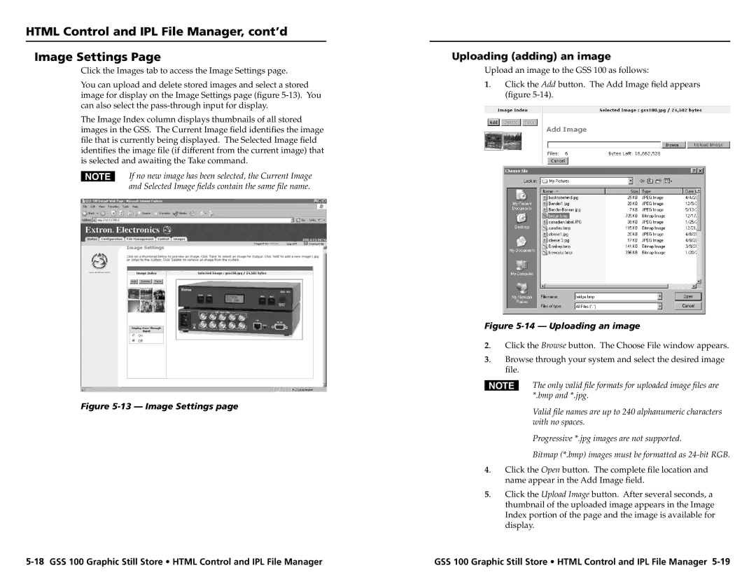 Extron electronic GSS 100 user manual Html Control and IPL File Manager, cont’d Image Settings 