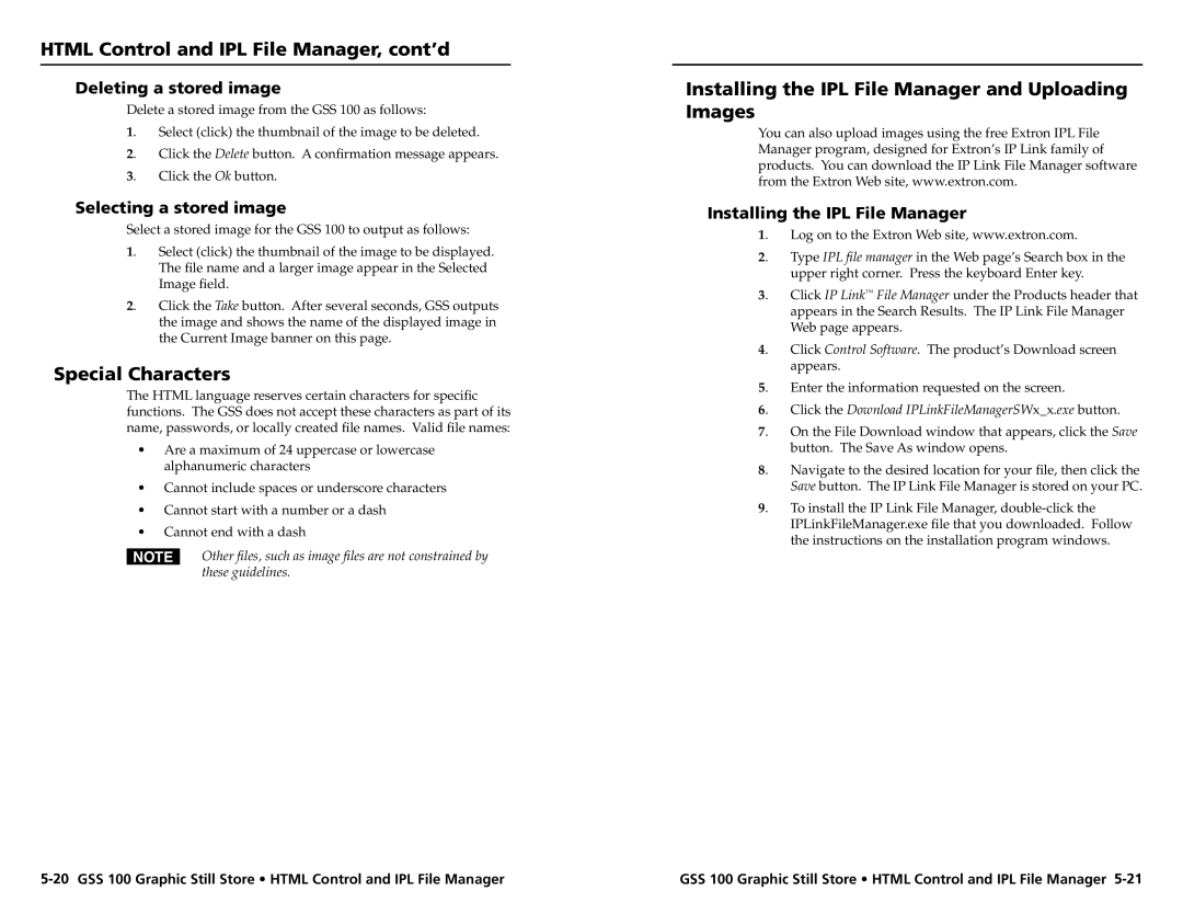 Extron electronic GSS 100 user manual Special Characters, Installing the IPL File Manager and Uploading Images 