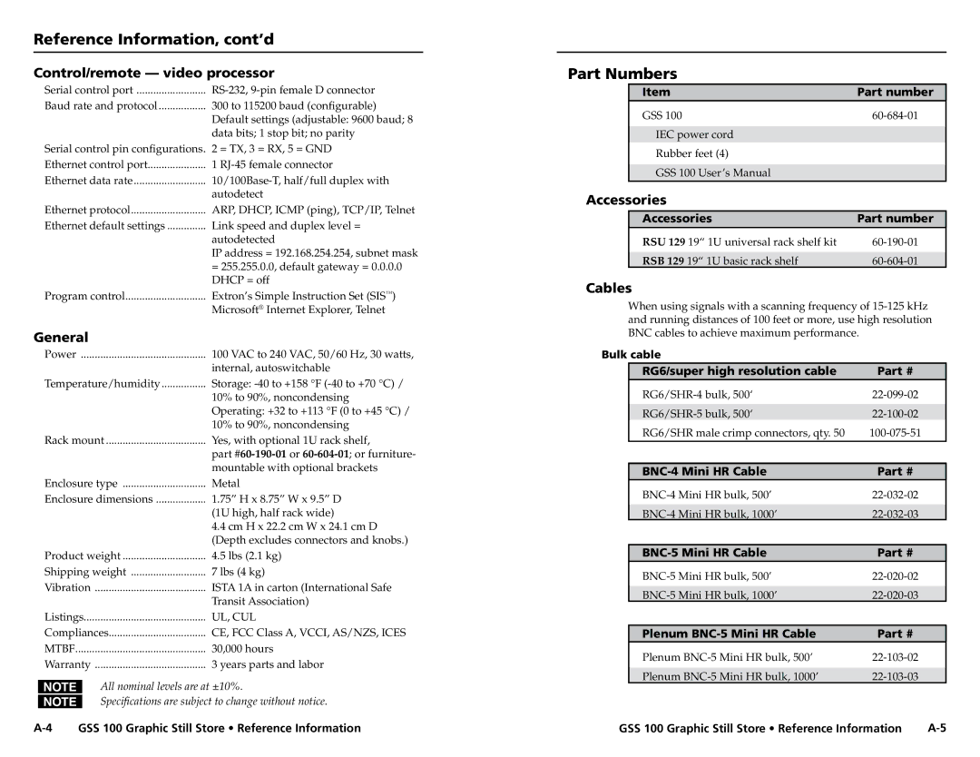 Extron electronic GSS 100 user manual Reference Information, cont’d, Part Numbers 