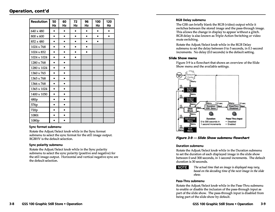Extron electronic user manual Resolution, Operation, cont’d, GSS 100 Graphic Still Store Operation 