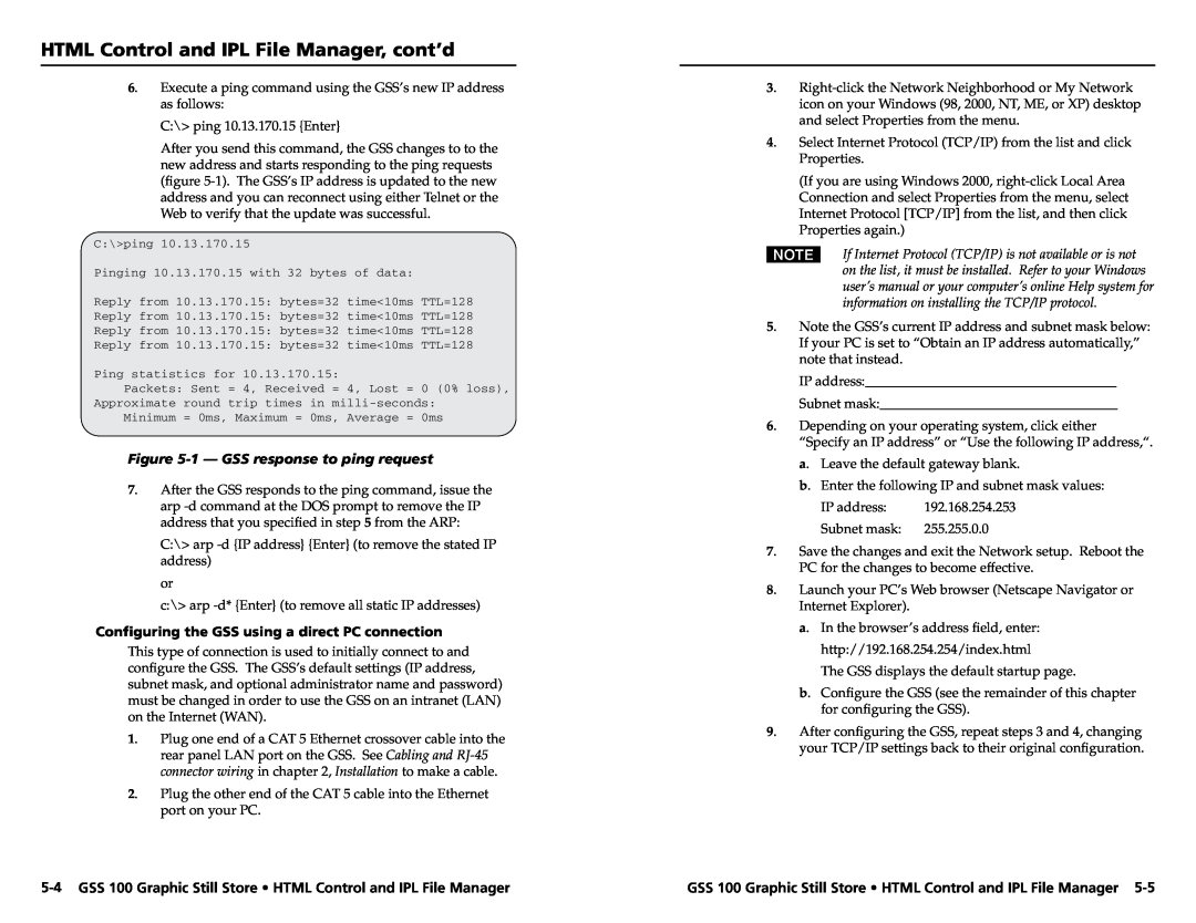 Extron electronic GSS 100 user manual HTML Control and IPL File Manager, cont’d, 1 - GSS response to ping request 