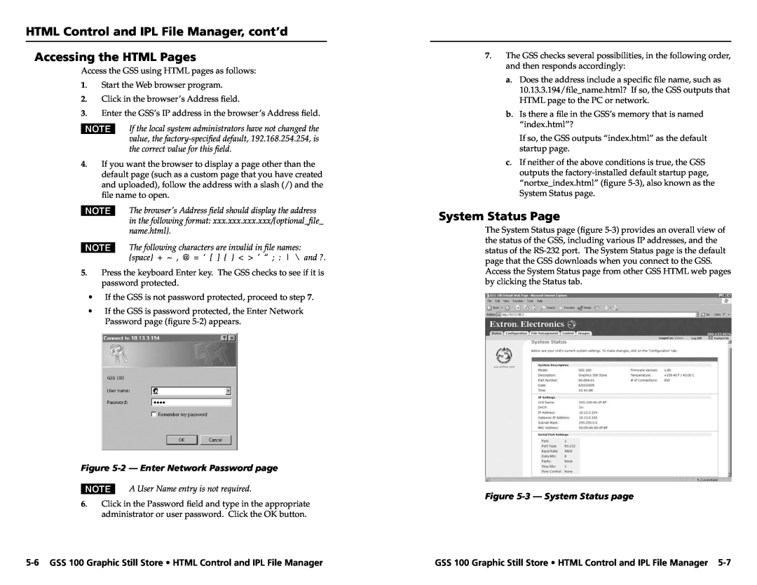 Extron electronic GSS 100 HTML Control and IPL File Manager, cont’d Accessing the HTML Pages, System Status Page 