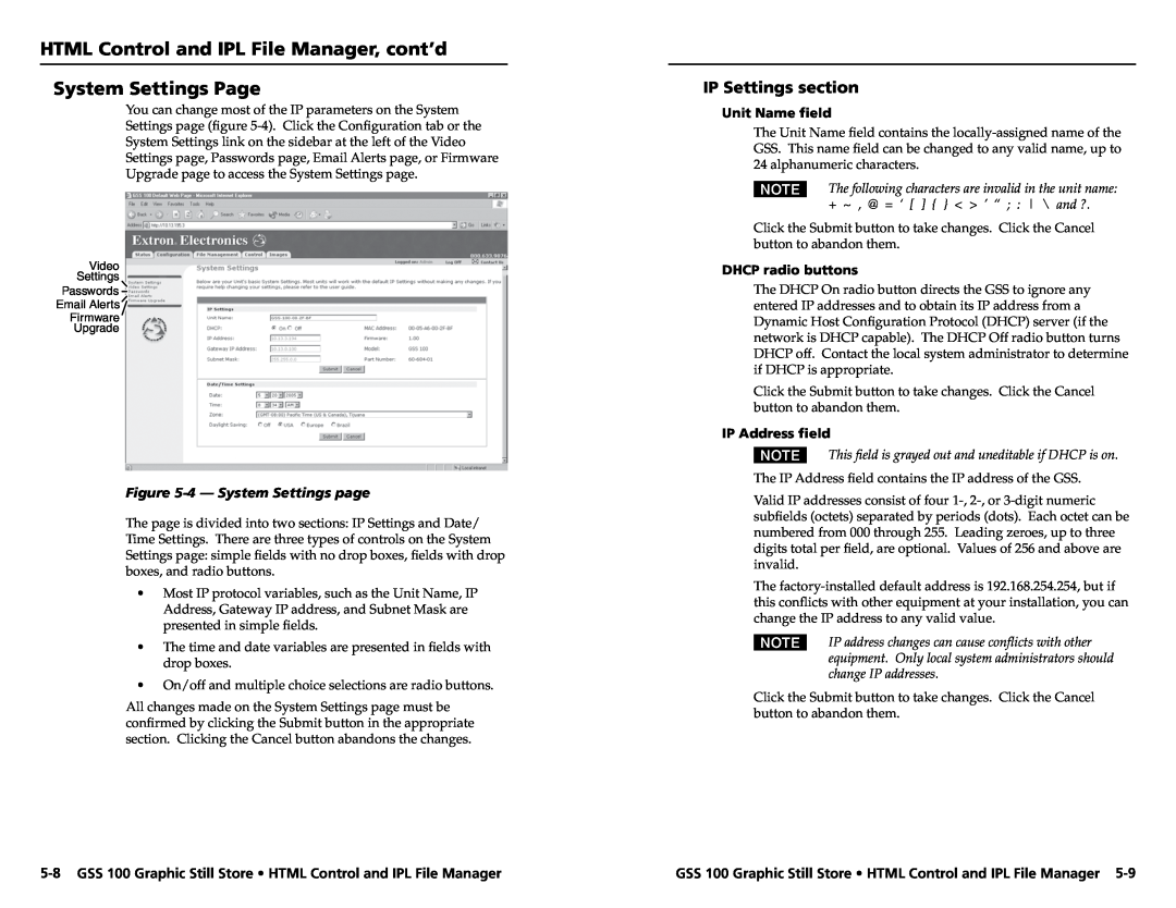 Extron electronic GSS 100 user manual HTML Control and IPL File Manager, cont’d System Settings Page, IP Settings section 