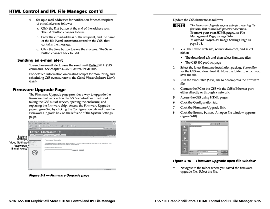 Extron electronic GSS 100 Firmware Upgrade Page, Sending an e-mail alert, HTML Control and IPL File Manager, cont’d 