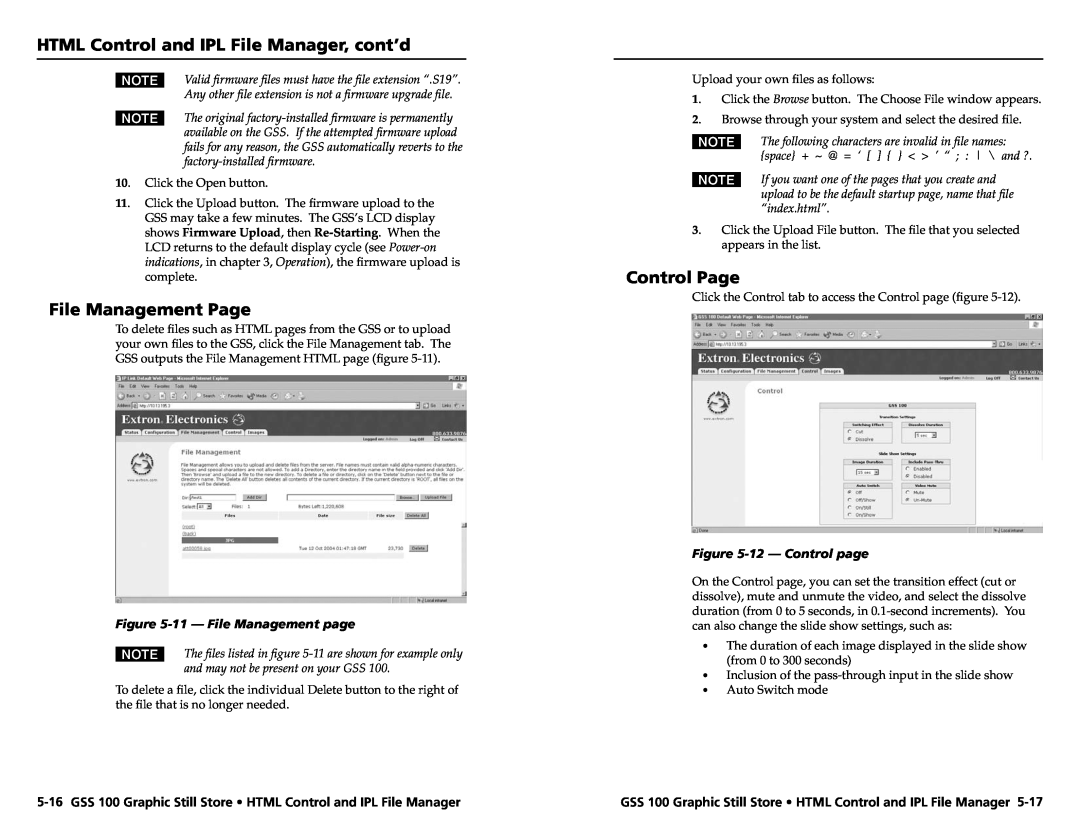 Extron electronic GSS 100 File Management Page, Control Page, HTML Control and IPL File Manager, cont’d, 12 - Control page 